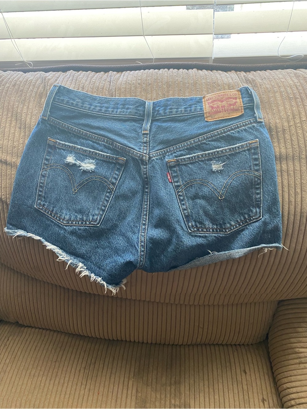 Levi's Dark Blue Distressed Denim Cutoff Shorts